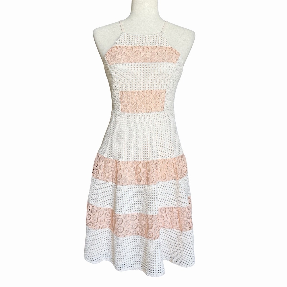Champagne & Strawberries Eyelet Lace Dress S •Fit & Flare Halter Coquette Dreamy